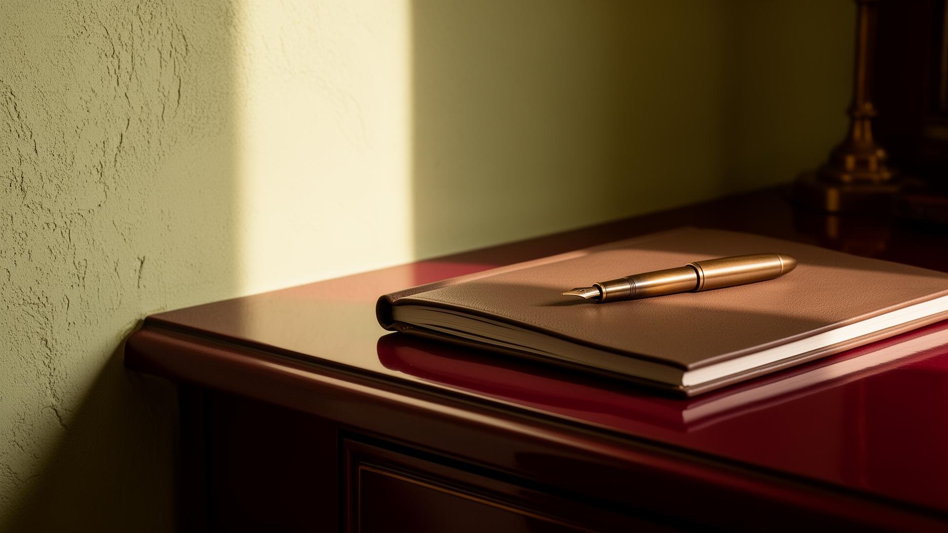 A taupe leather notebook with a bronze fountain pen resting on an oxblood lacquered desk against a cream lime-plaster wall