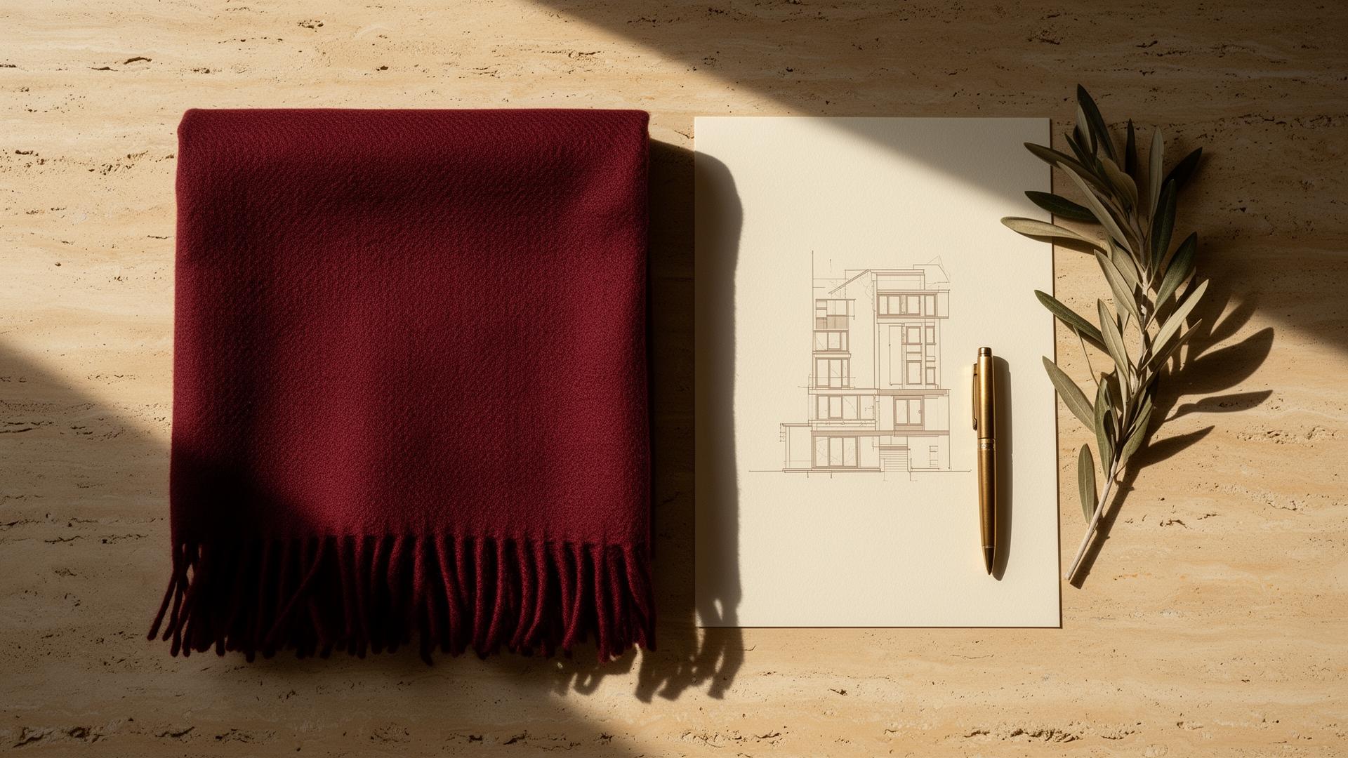 Overhead flatlay: oxblood wool throw, cream paper with a faint taupe architectural elevation, bronze pen on travertine