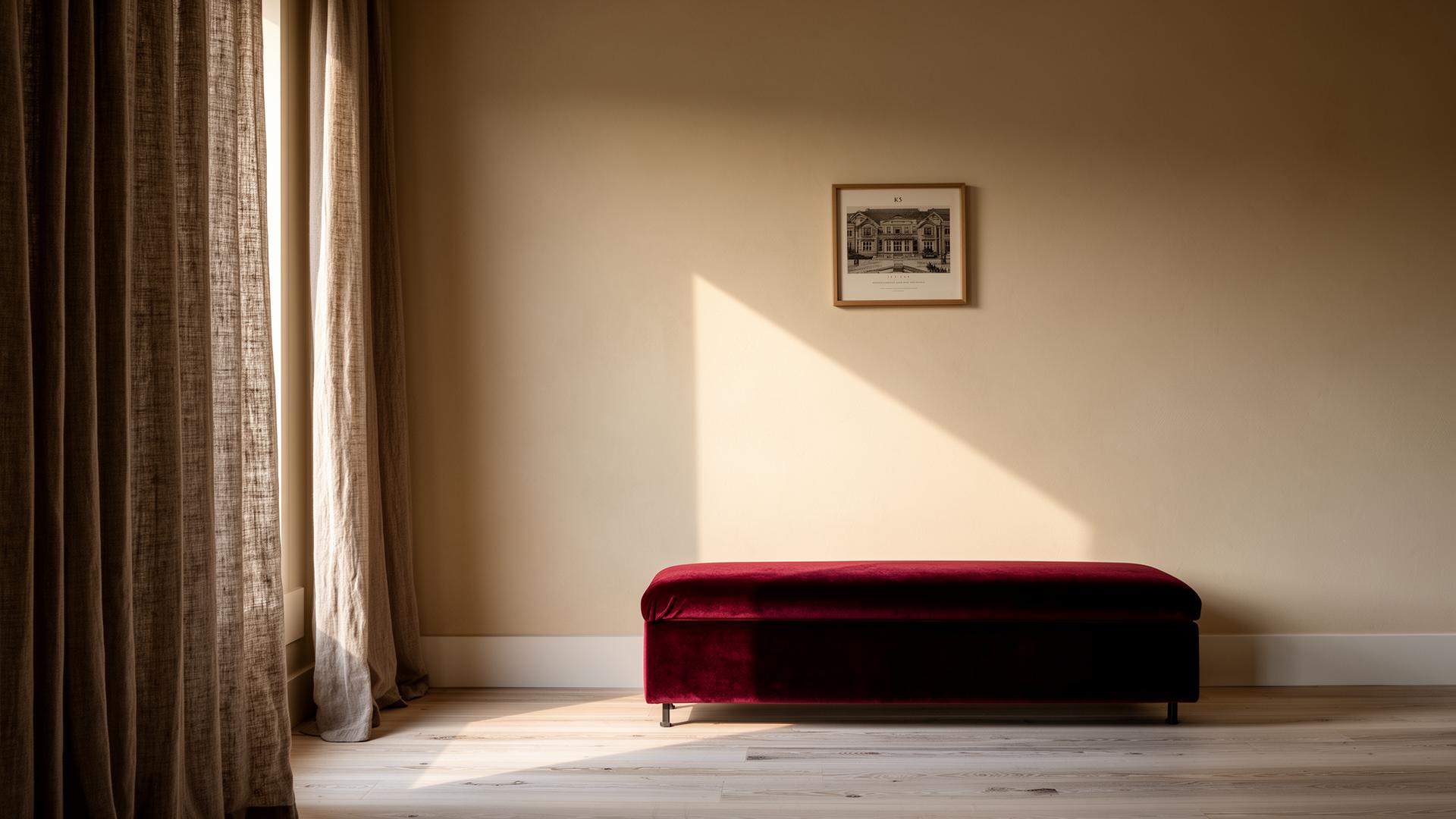 A Vancouver West Side principal room at dusk — oxblood velvet bench against a cream lime-plaster wall, taupe linen drapery