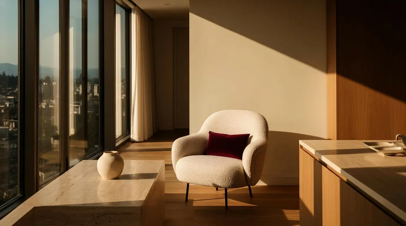Sunlit West Side Vancouver living room with oxblood accent.